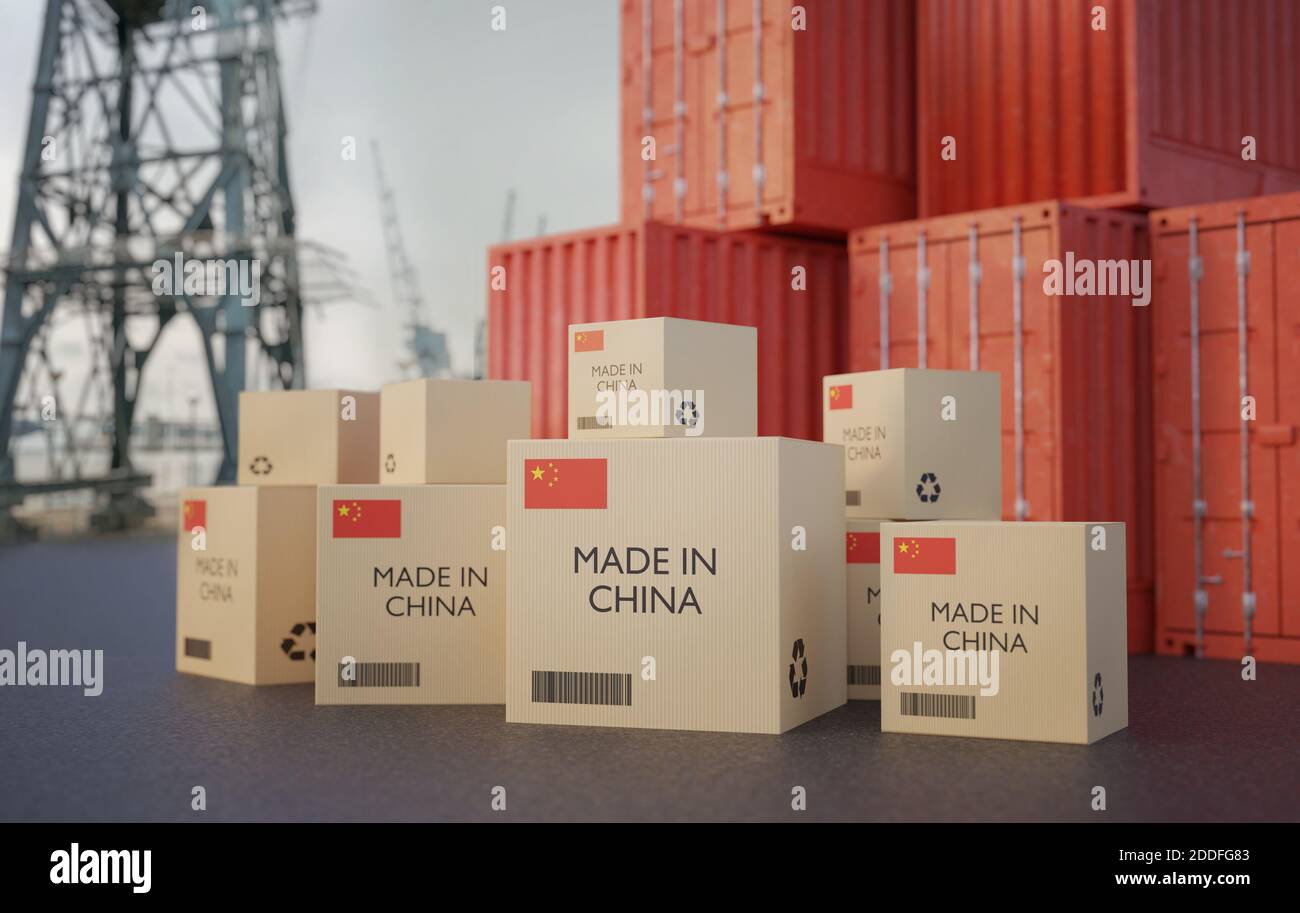 Many chinese cargo containers and cardboard boxes. Importing goods from