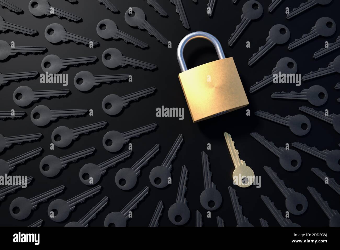 One golden key and many others next to padlock. Safety and security concept. 3D rendered illustration. Stock Photo