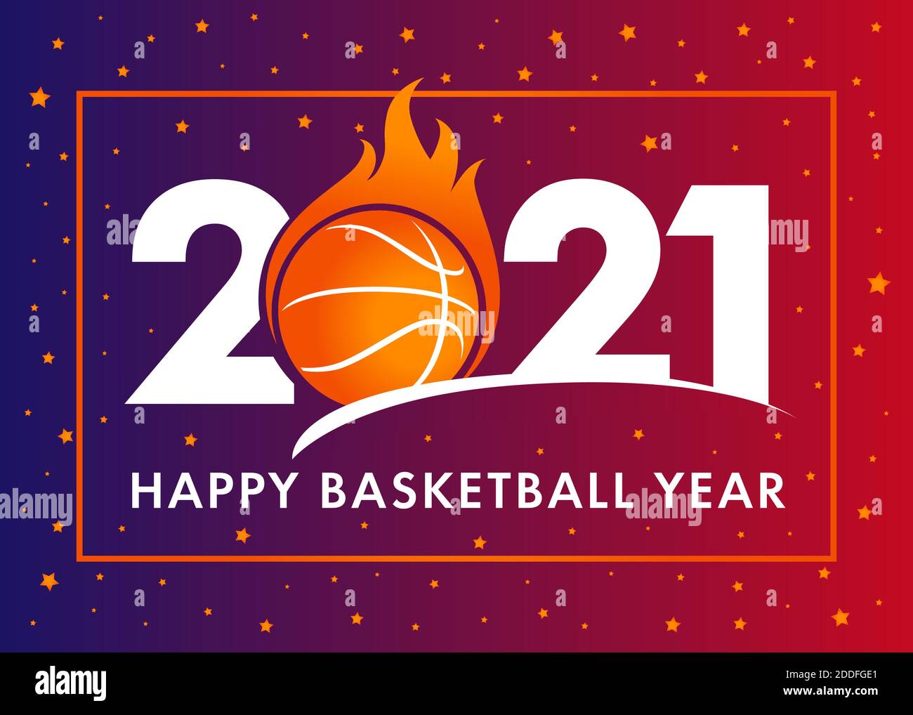 Happy Basketball Year 2021 with text and ball in fire on orange background. Merry Christmas vector illustration with 2, ball & 21 numbers, invitation Stock Vector