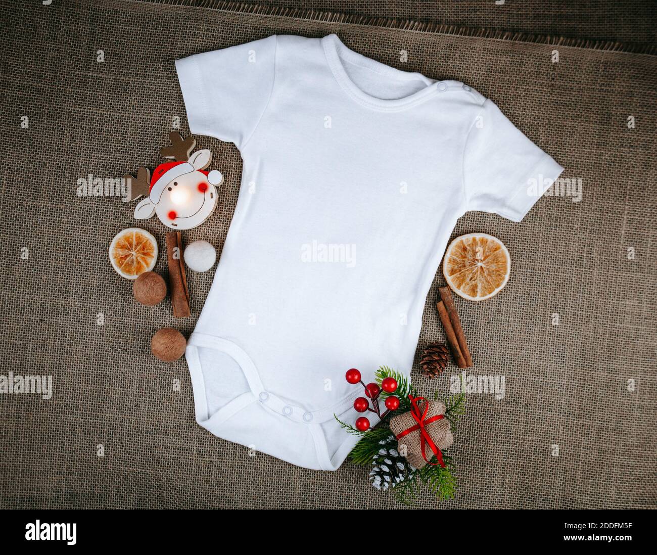 Download Blank White Baby Christmas Bodysuit Mockup Infant One Piece Styled Bodysuit Flat Top View On A Rustic Background Copy Space Baby Announcement Stock Photo Alamy