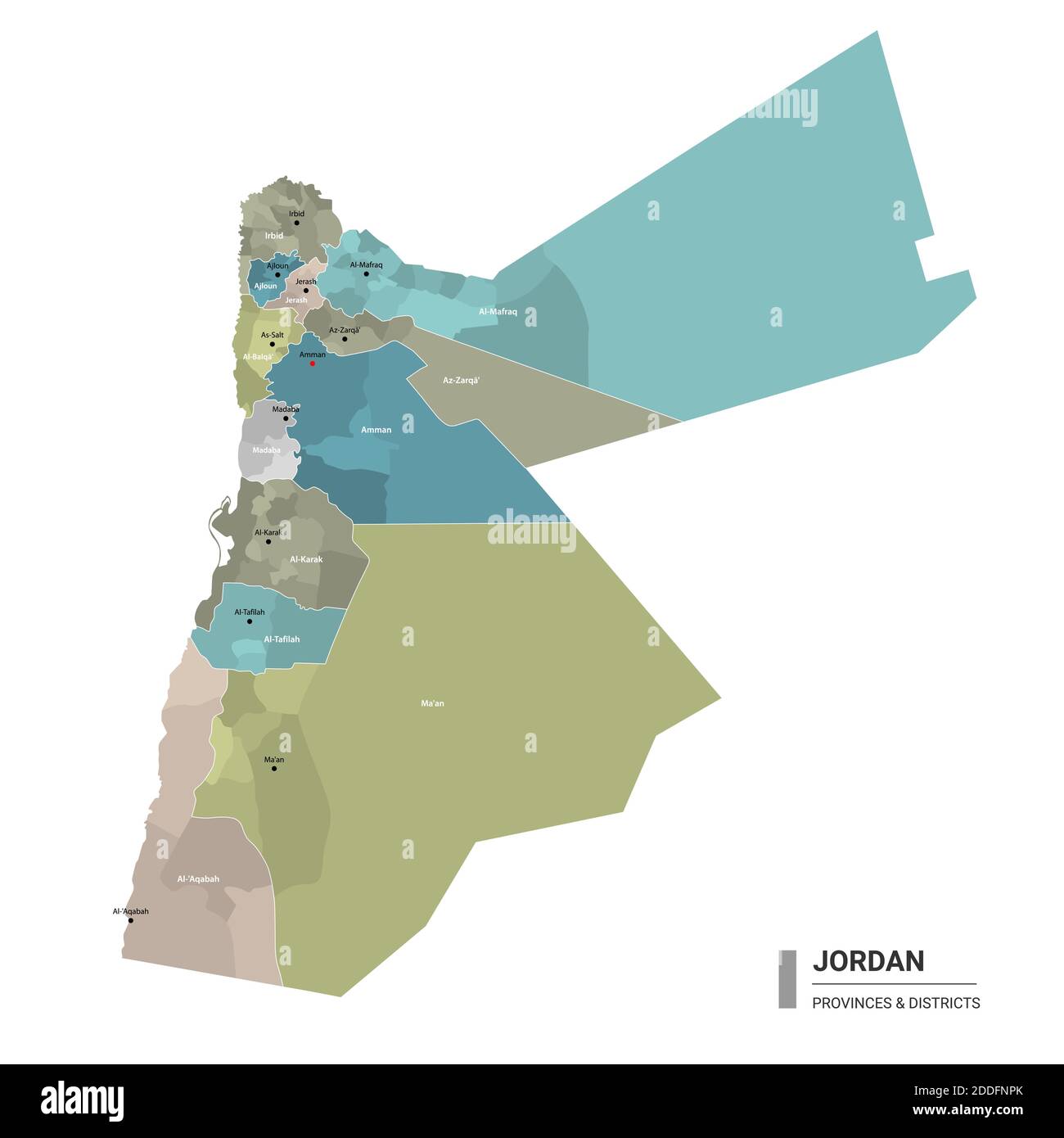 Jordan higt detailed map with subdivisions. Administrative map of Jordan with districts and cities name, colored by states and administrative district Stock Vector