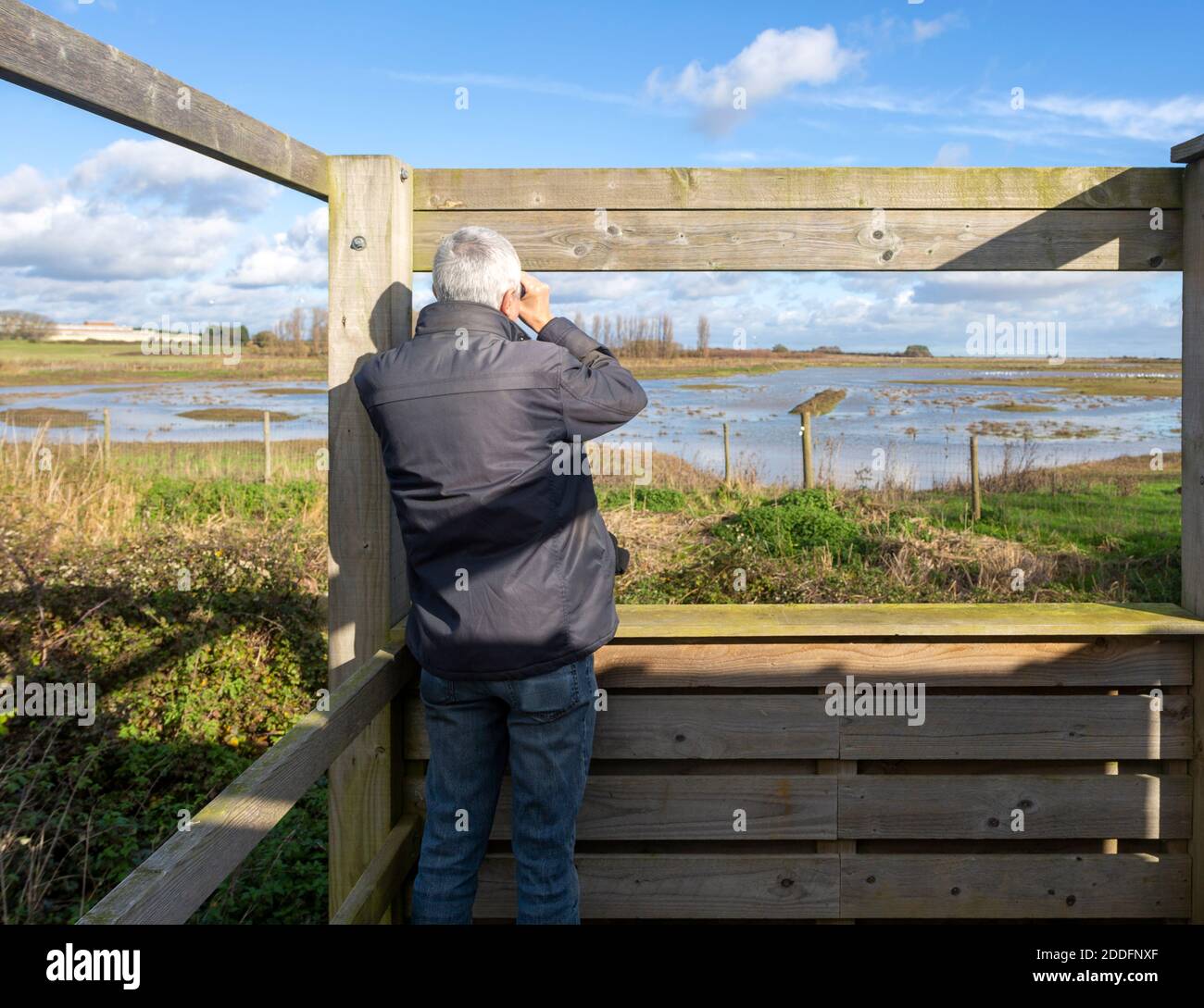 Male birdwatcher ornithologist using binoculars hide at RSPB Hollesley Marshes, Suffolk, England, UK Stock Photo
