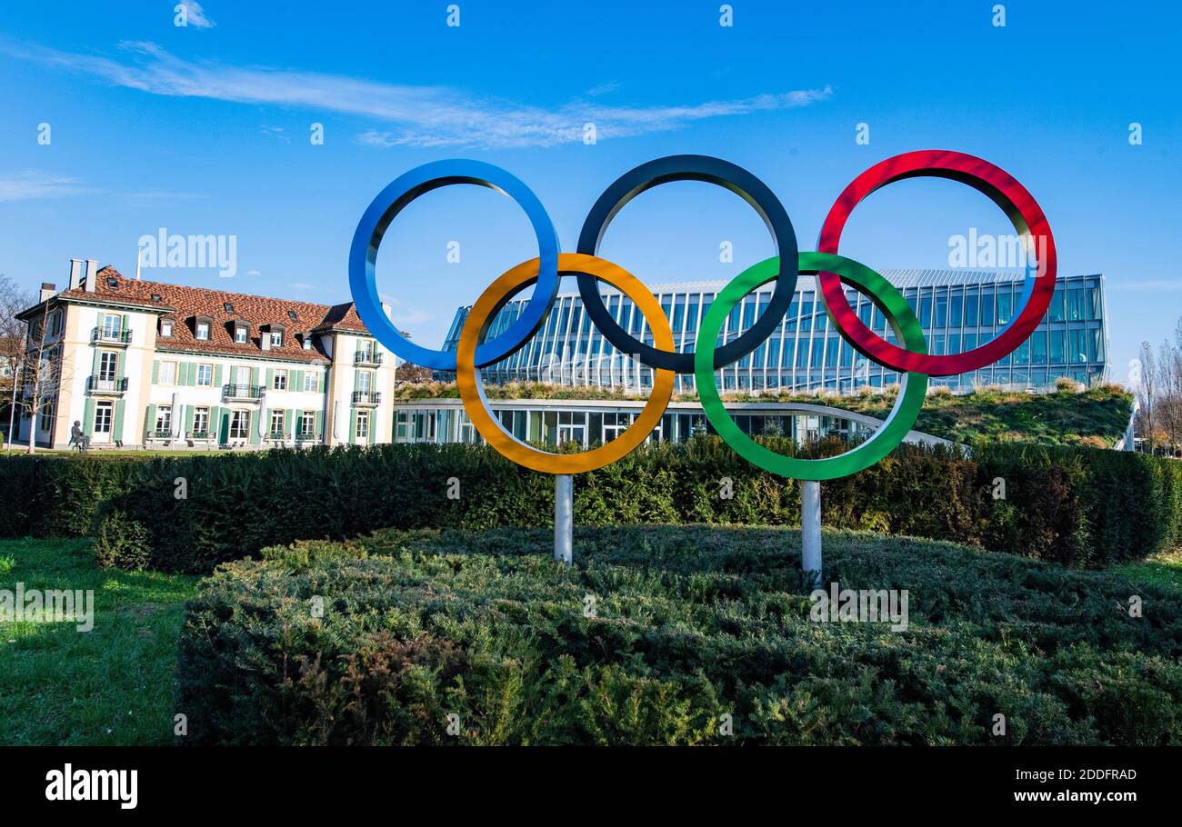 A picture taken in Lausanne Switzerland, on November 22, 2020 shows the headquarters of the International Olympic Committee (IOC). Stock Photo