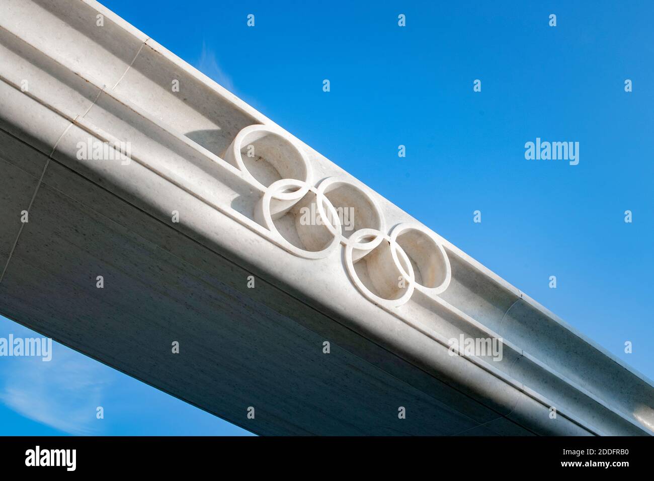 The Olympic Rings logo is pictured in front of the headquarters of the International Olympic Committee (IOC) in Lausanne  Swittzerland on November 22t Stock Photo