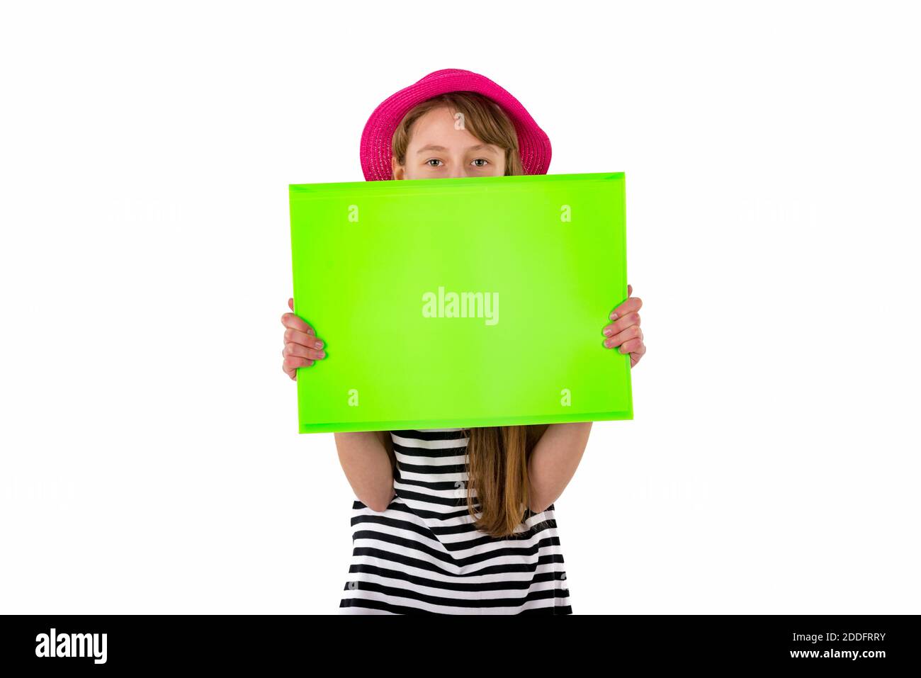 Happy girl child holding and hiding under empty blank paper isolated on ...