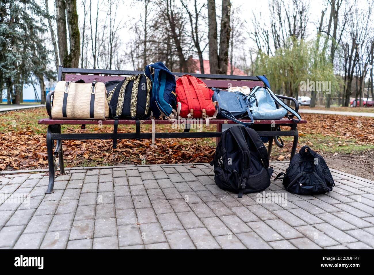 bags and backpacks lie on a Park bench Stock Photo Alamy