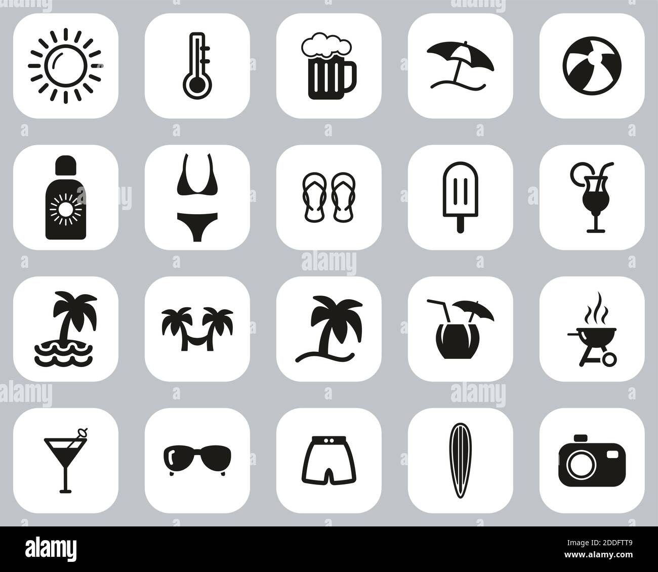 Summer Icons Black & White Flat Design Set Big Stock Vector