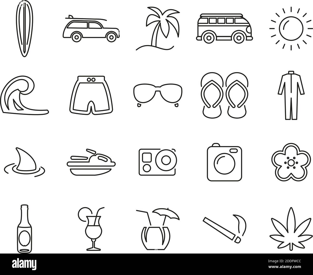Surfing Sport & Lifestyle Icons Black & White Thin Line Set Big Stock ...