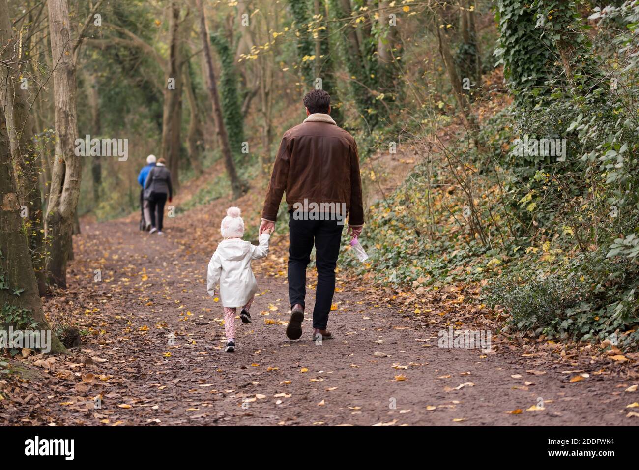 A man holding his daughters hand walking through a forest in autumn Stock Photo