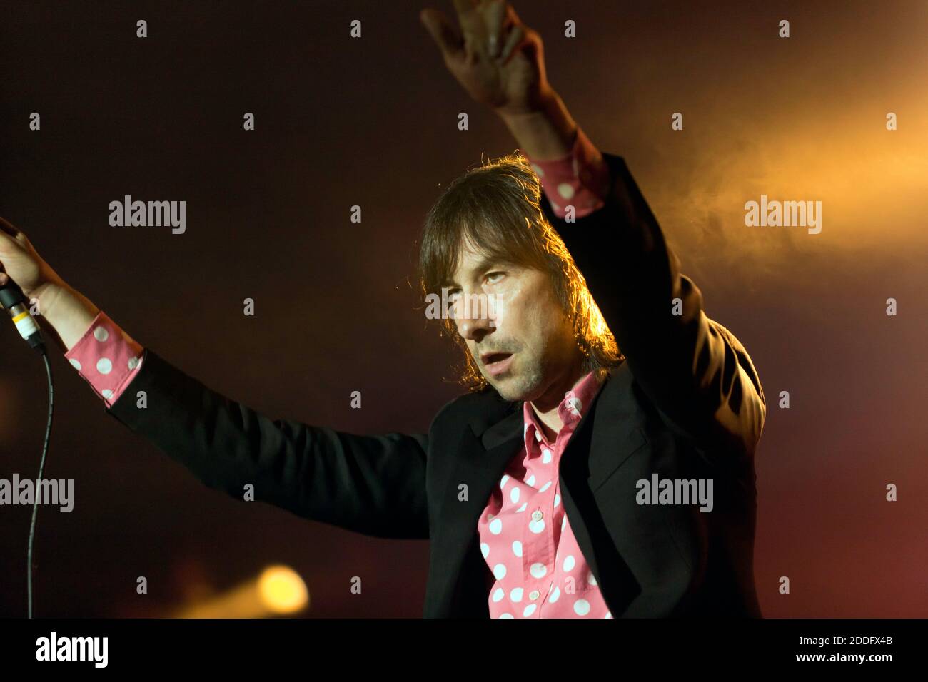 Close-up of Bobby Gillespie, lead singer of Primal Scream,  headlining on the main stage of the OnBlackheath Music Festival 2016 Stock Photo
