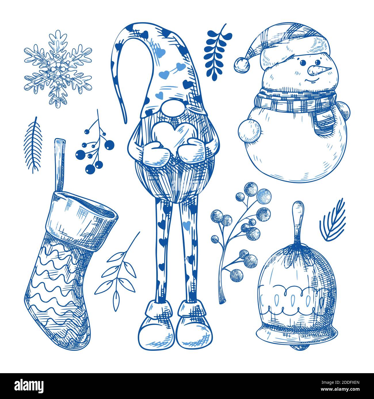Christmas set. Different Christmas elements on a white background. Sketch, vector Stock Vector