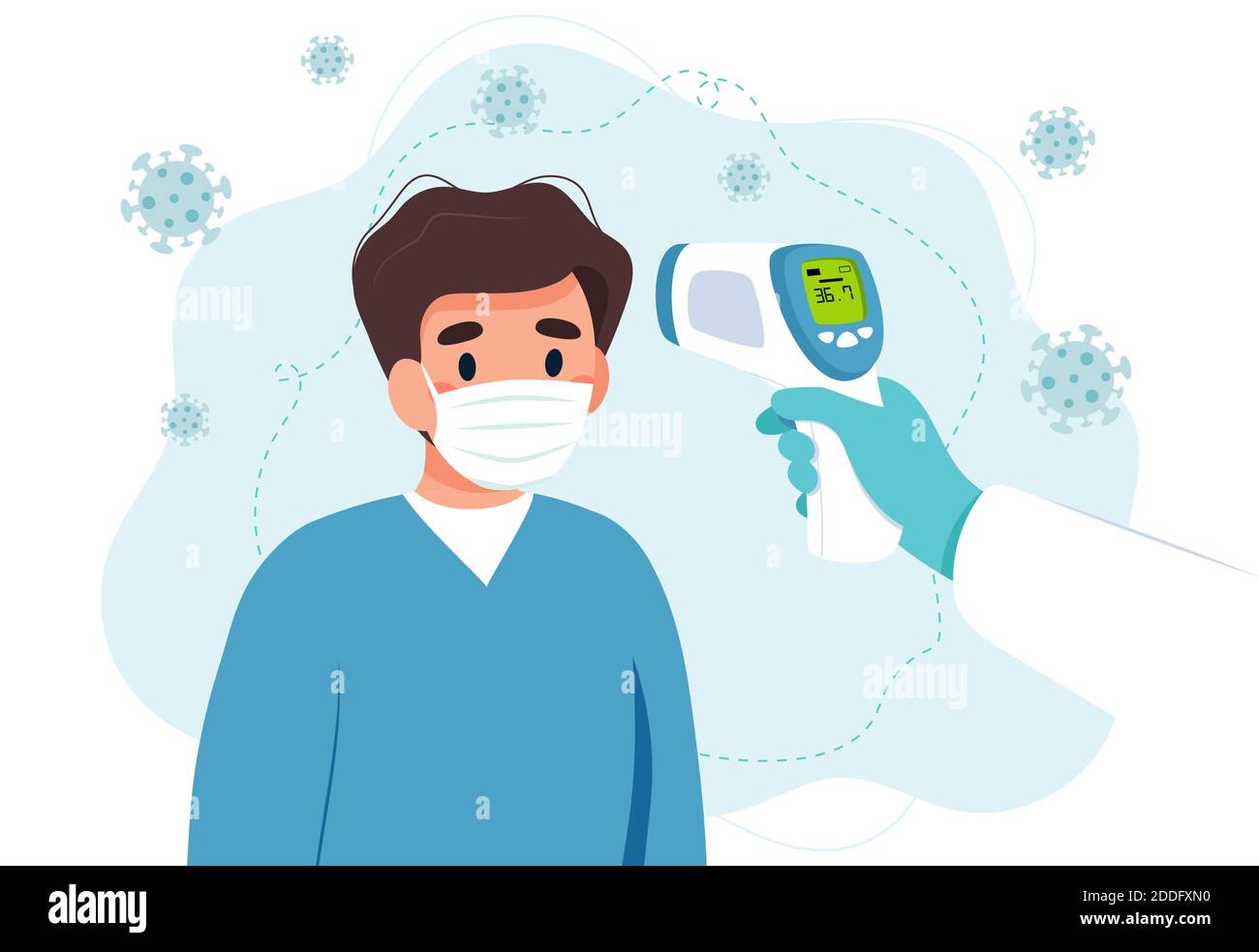 Body temperature check, man is being checked with infrared thermometer. Stock Vector