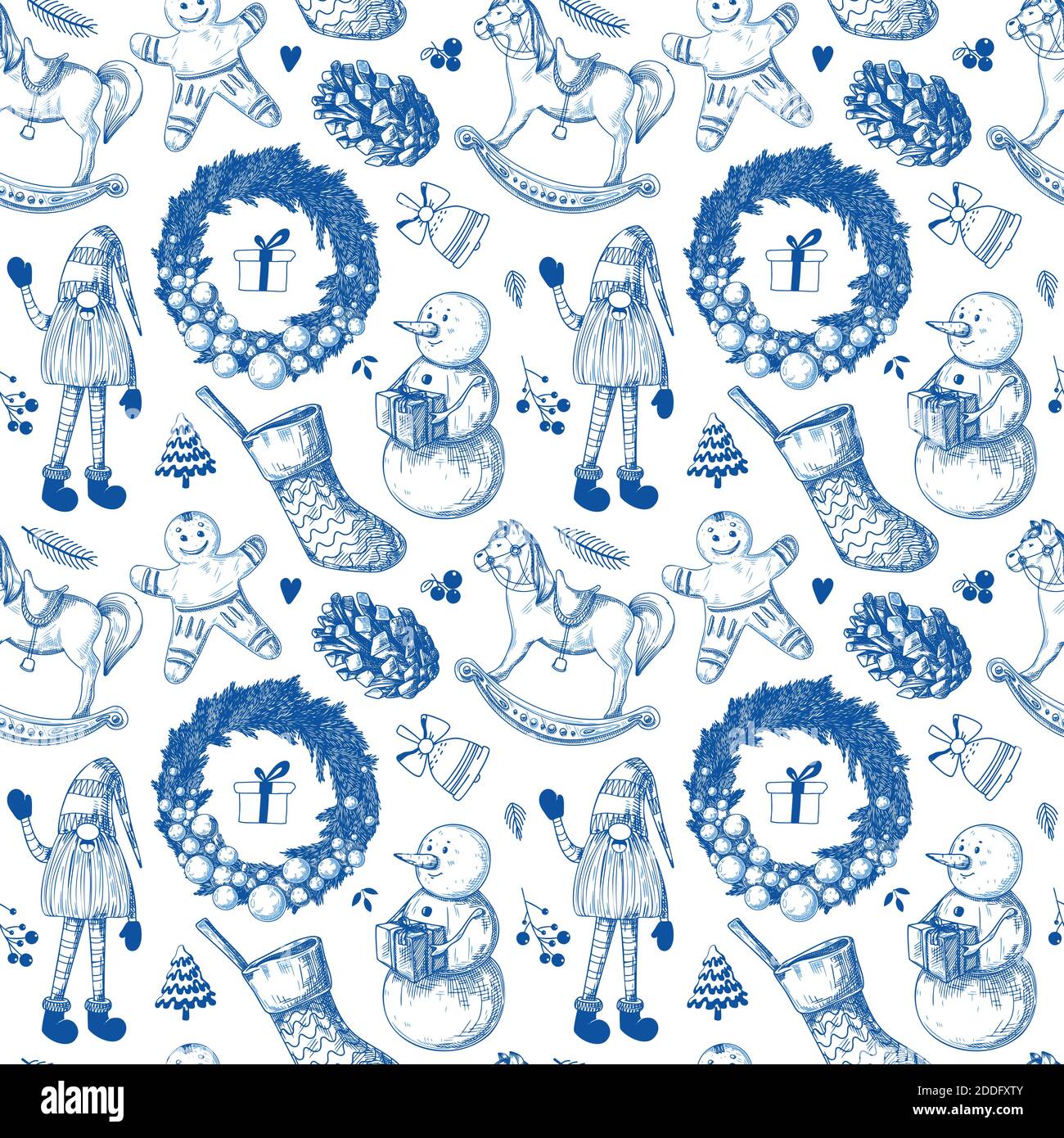 Christmas seamless pattern. Toys, snowman, wreath and other Christmas elements. Sketch vector Stock Vector