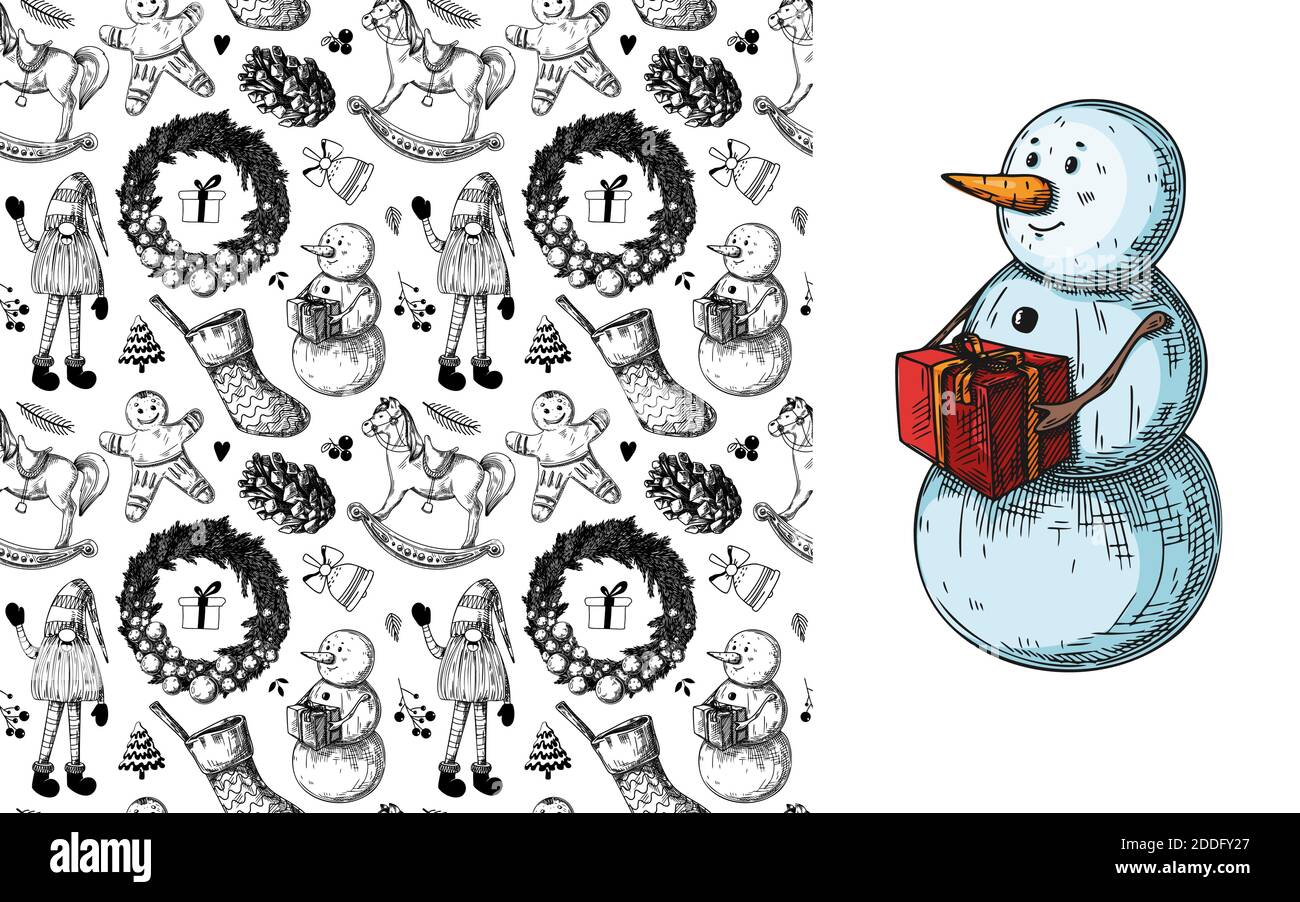 Christmas seamless pattern. Toys, snowman, wreath and other Christmas elements. Sketch vector Stock Vector