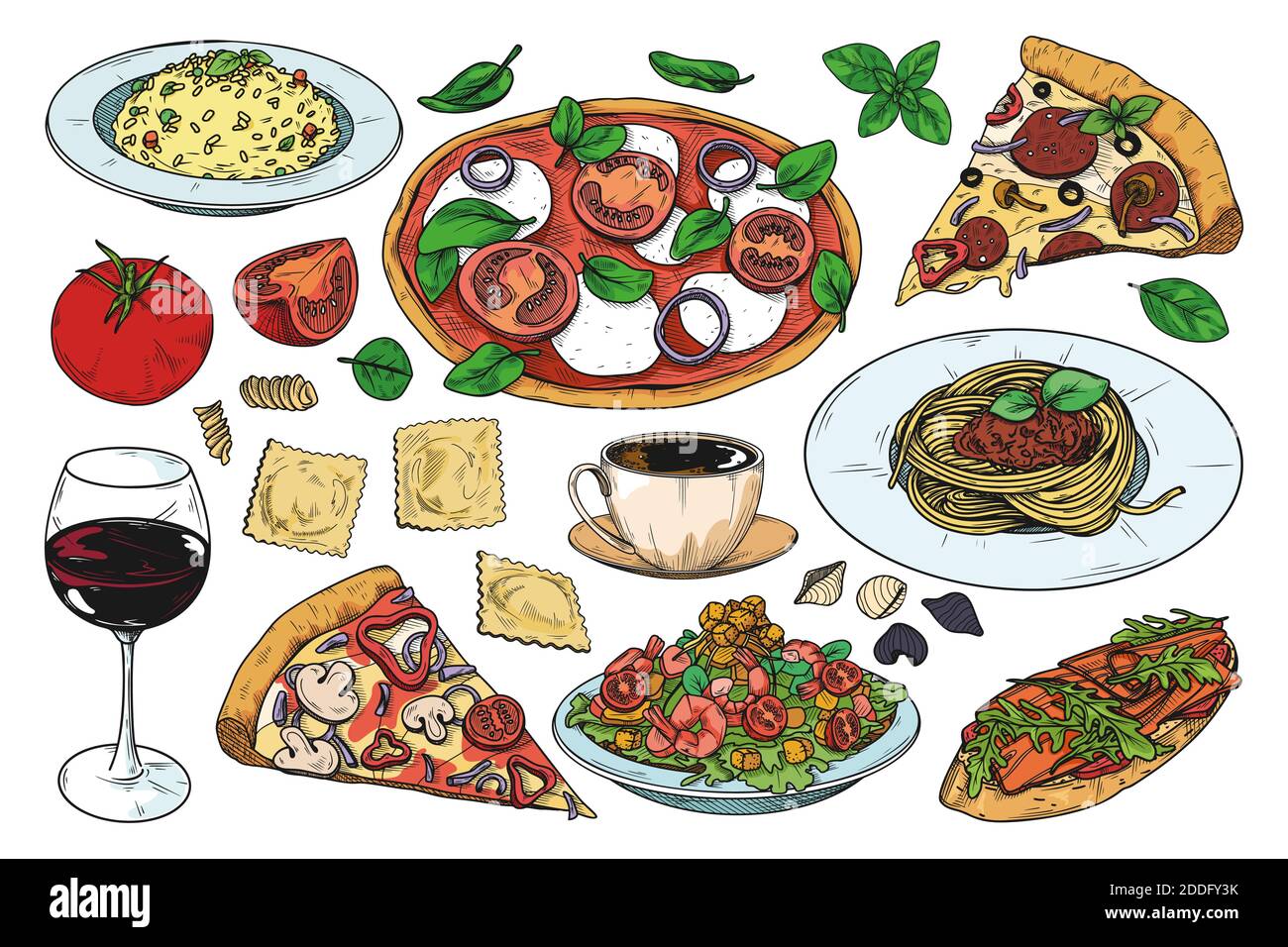 Set of different Italian dishes. Pizza, spaghetti, risoto and other popular Italian dishes. Vector illustration Stock Vector