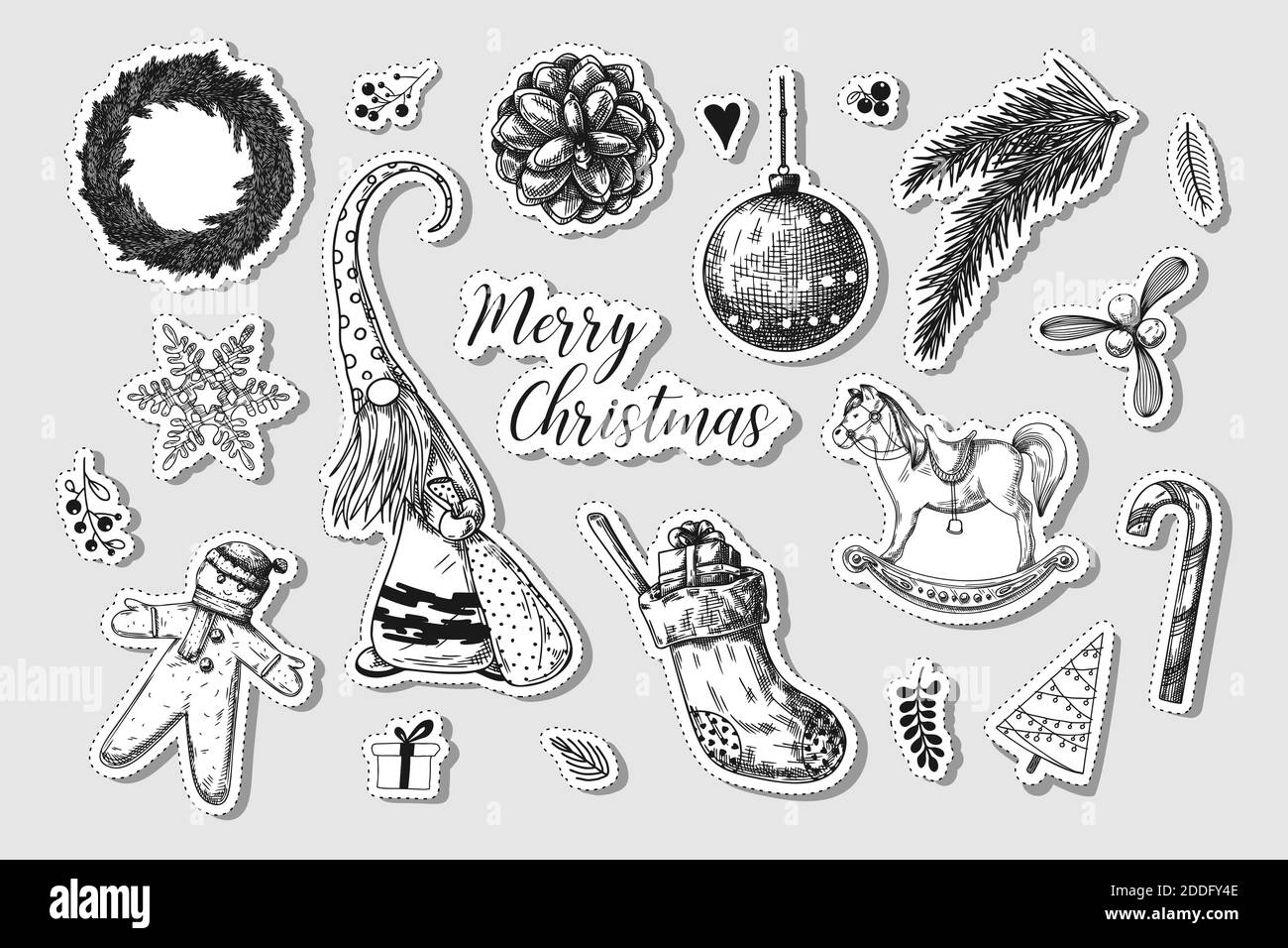 Christmas set. Different Christmas elements. New Year stickers. Sketch vector Stock Vector