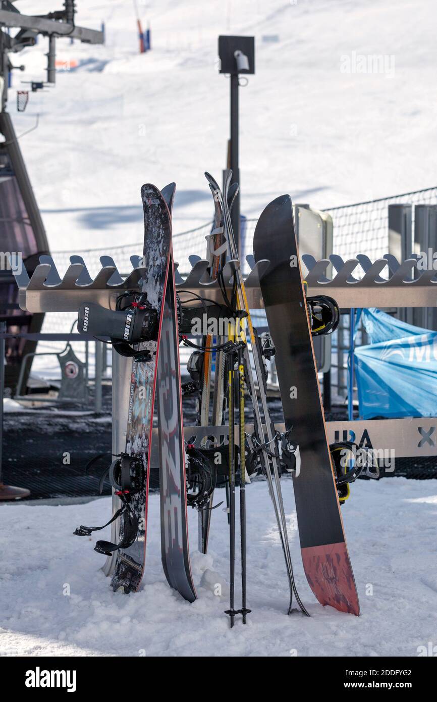 Pas de la Casa, Andorra, December 02 2019: Close-up on a ski rack at the ski lift down the ski slope of Grandvalira, the largest ski resort in the Pyr Stock Photo