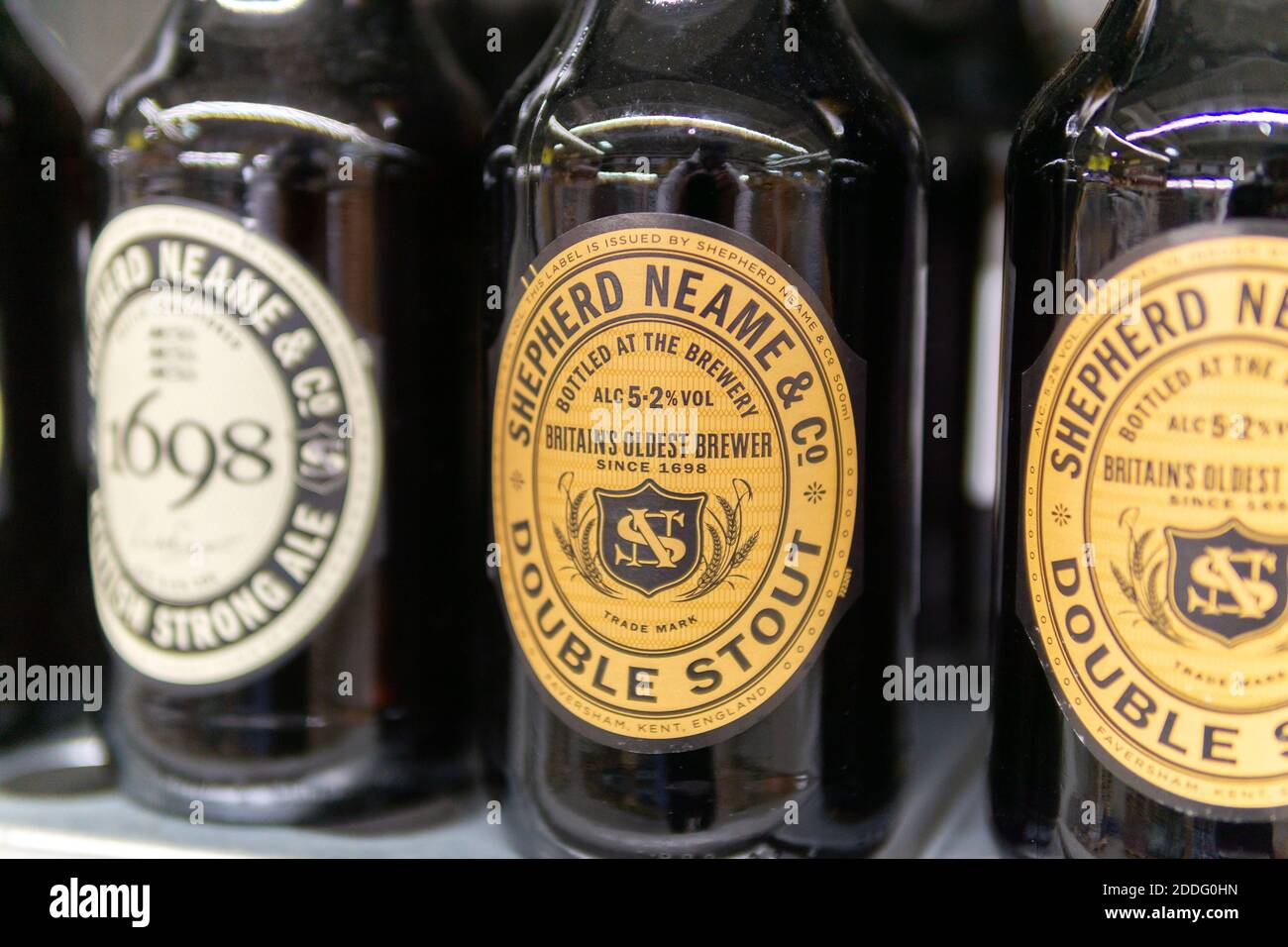 Tyumen, Russia-October 11, 2020: shepherd neame beer is an English independent brewery. Bottles of beer on the shelves of the metro cash and carry hyp Stock Photo
