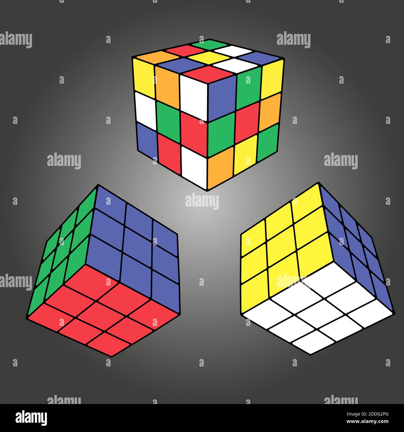 Rubik's cube in different positions realistically isolated. Editorial isometric illustration. Rubik's Cube is a combined 3D puzzle, invented in 1974 b Stock Vector
