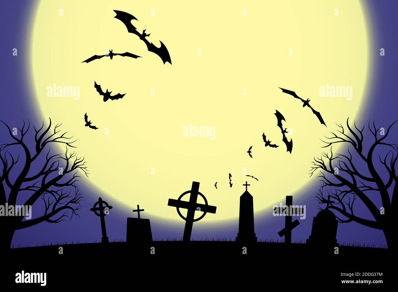 Halloween scary graveyard background with trees, crosses and bats. Halloween. Silhouette of a tombstone. Printed labels and decorations for office, cr Stock Vector