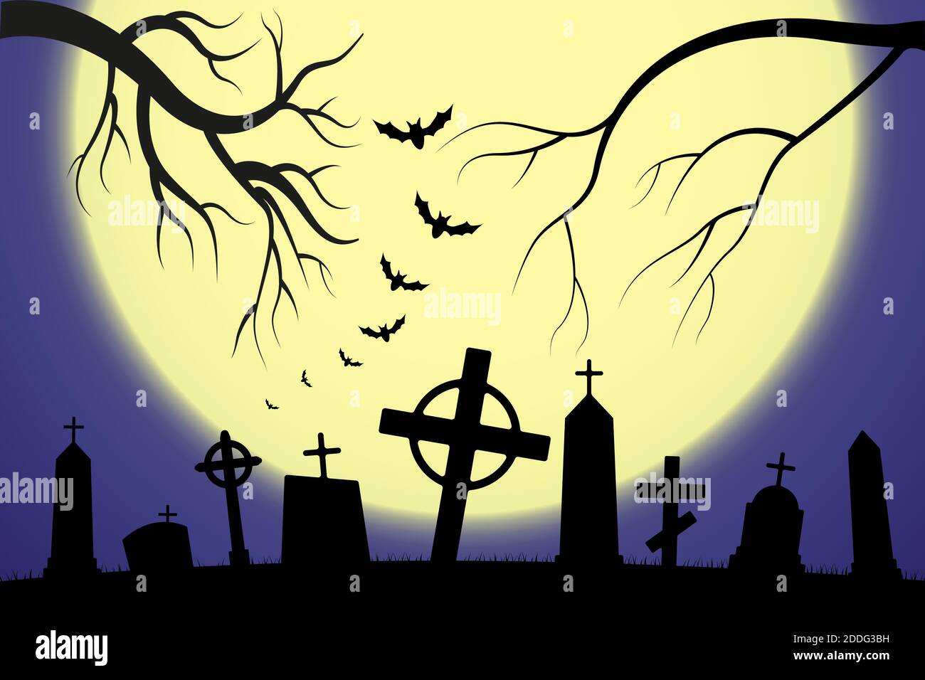 Halloween scary graveyard background with trees, crosses and bats. Halloween. Silhouette of a tombstone. Printed labels and decorations for office, cr Stock Vector
