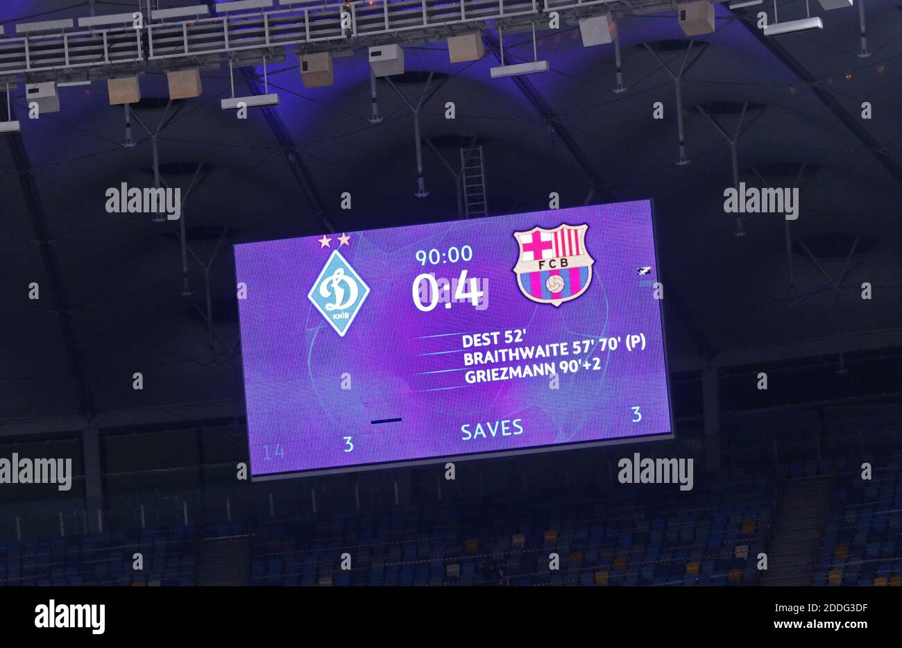 Kyiv Ukraine November 24 Final Score Of The Uefa Champions League Game Dynamo Kyiv V Barcelona Seen On The Scoreboard Of Nsk Olimpiyskiy Stadium In Kyiv Ukraine Barcelona Won 4 0 Stock Photo Alamy