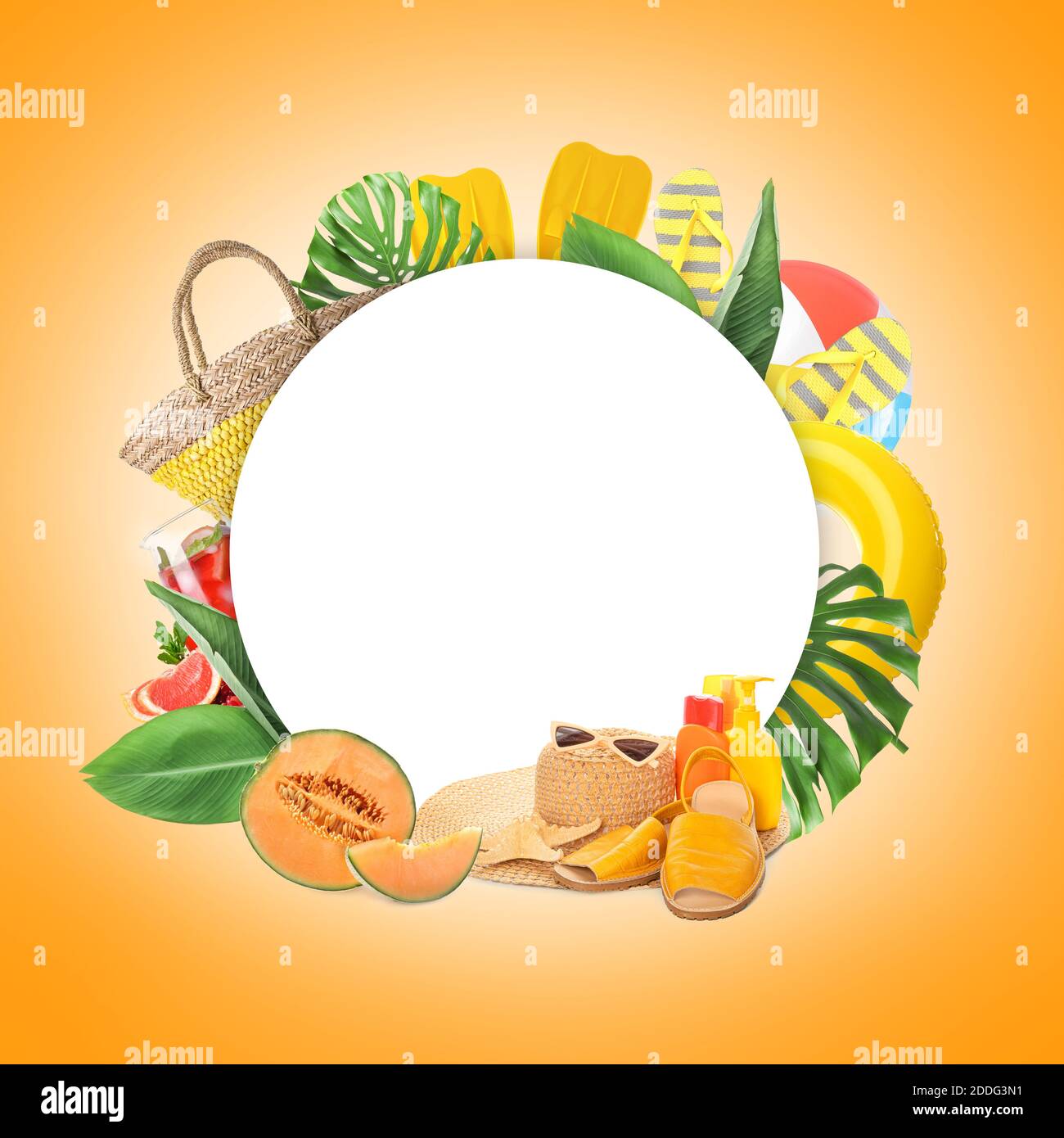 Collage of beach accessories on color background with place for text Stock Photo