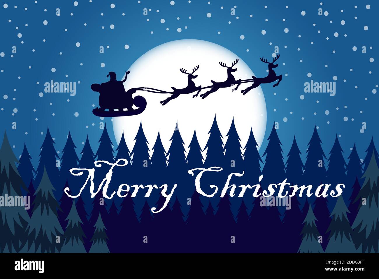 Christmas card template with Christmas tree, stars, moon and Santa