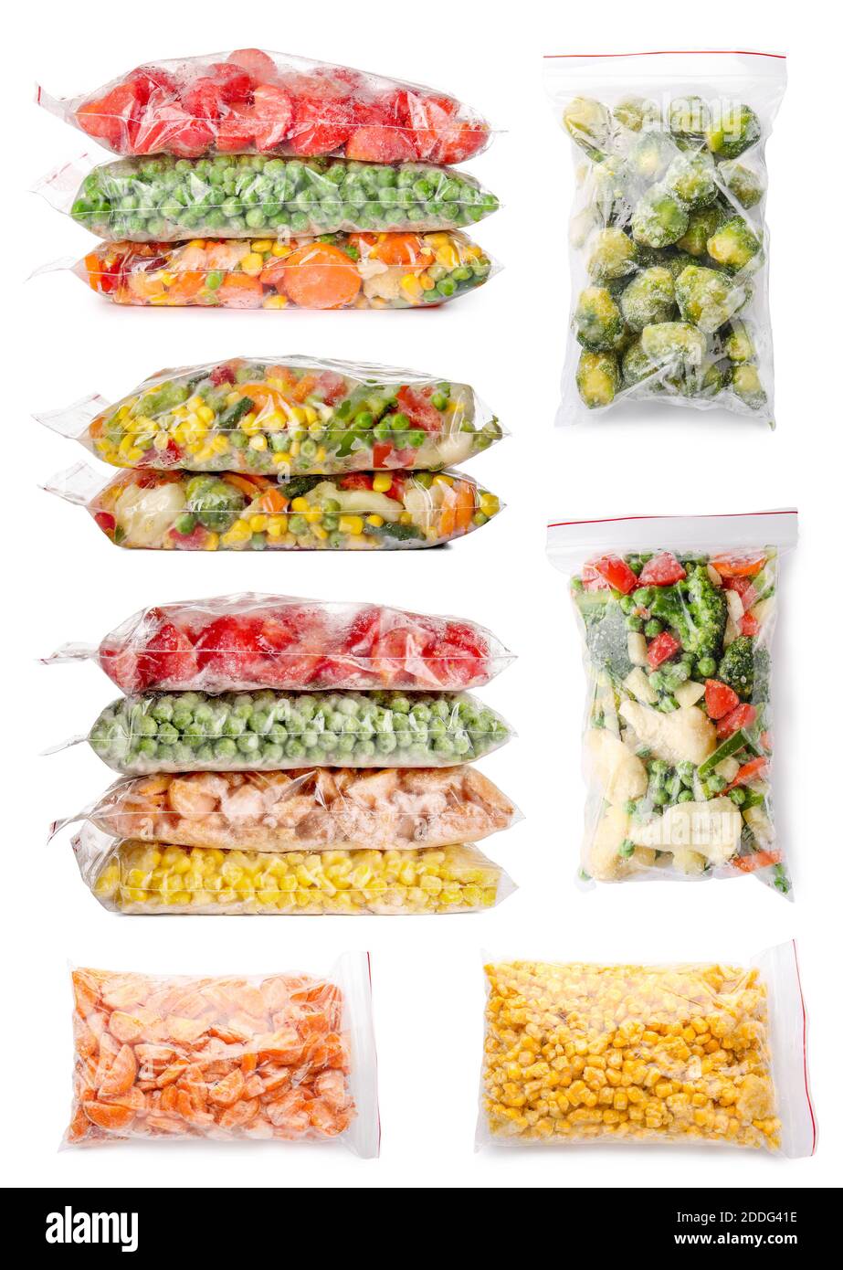 Collage of different frozen vegetables on white background Stock Photo