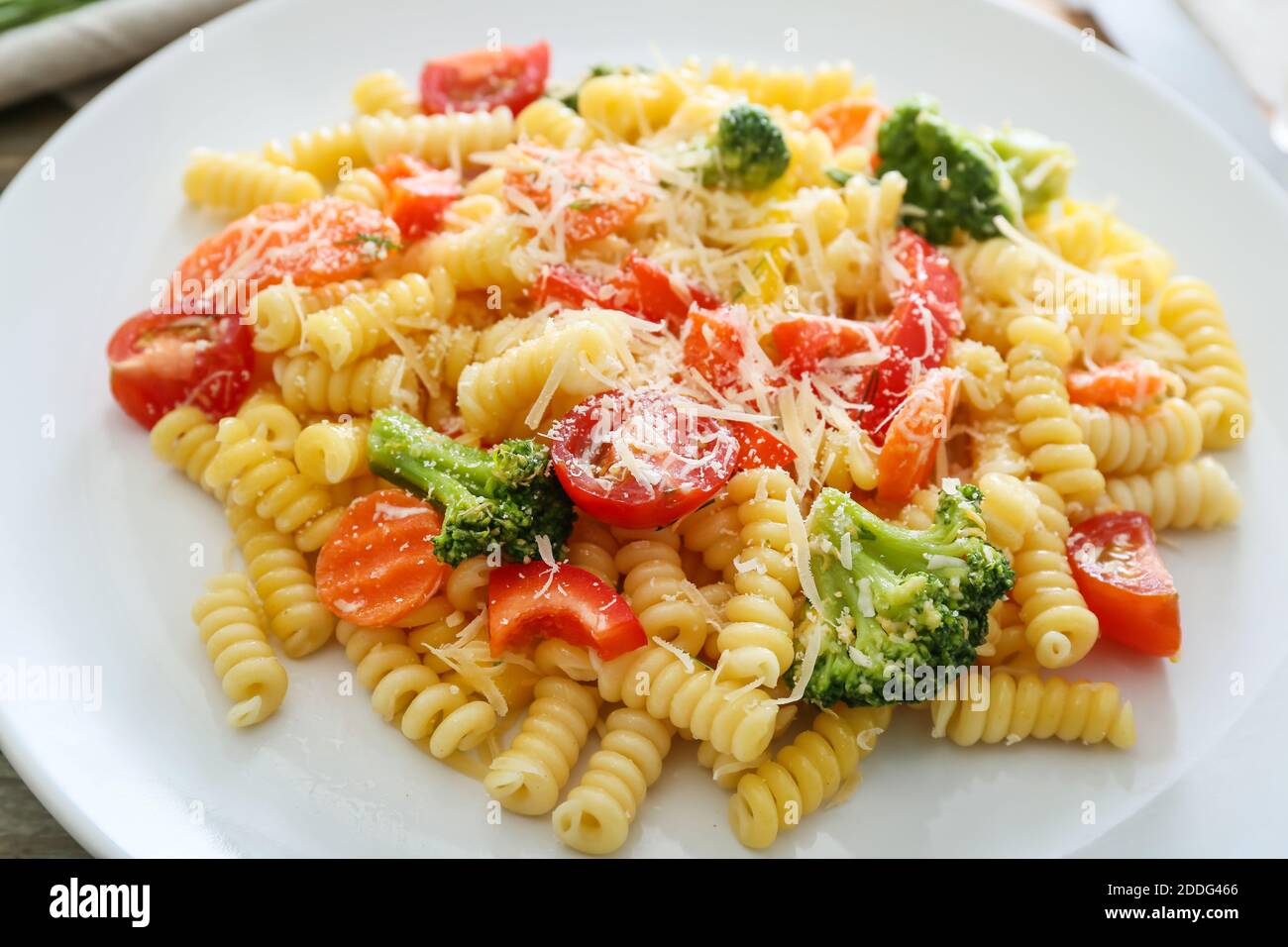 Plate with tasty pasta primavera, closeup Stock Photo Alamy