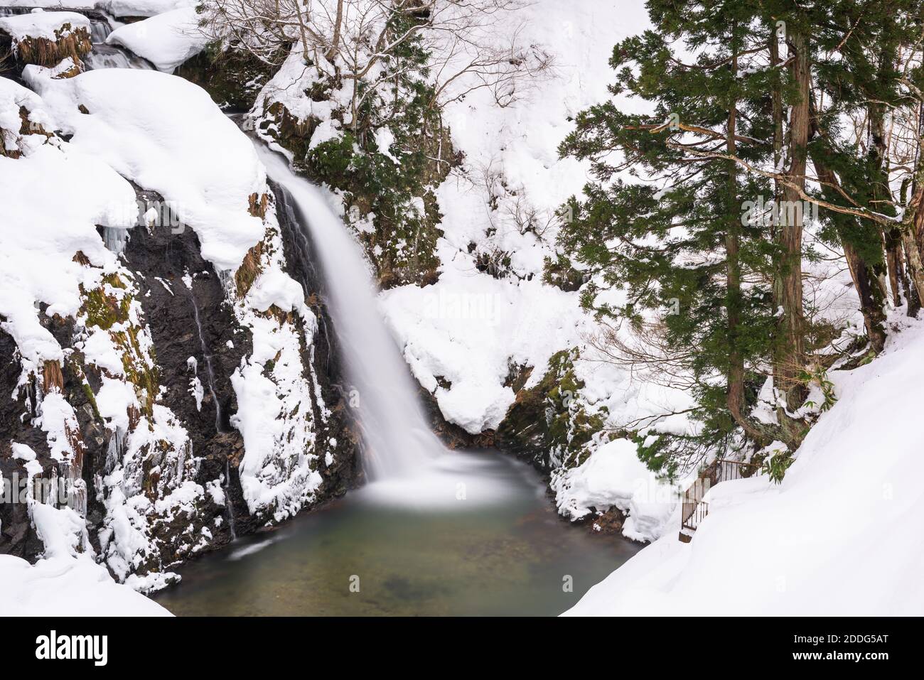 Shirogane Falls in winter near Obanazawa, Yamagata Prefecture, Japan hot springs town in winter season. Stock Photo
