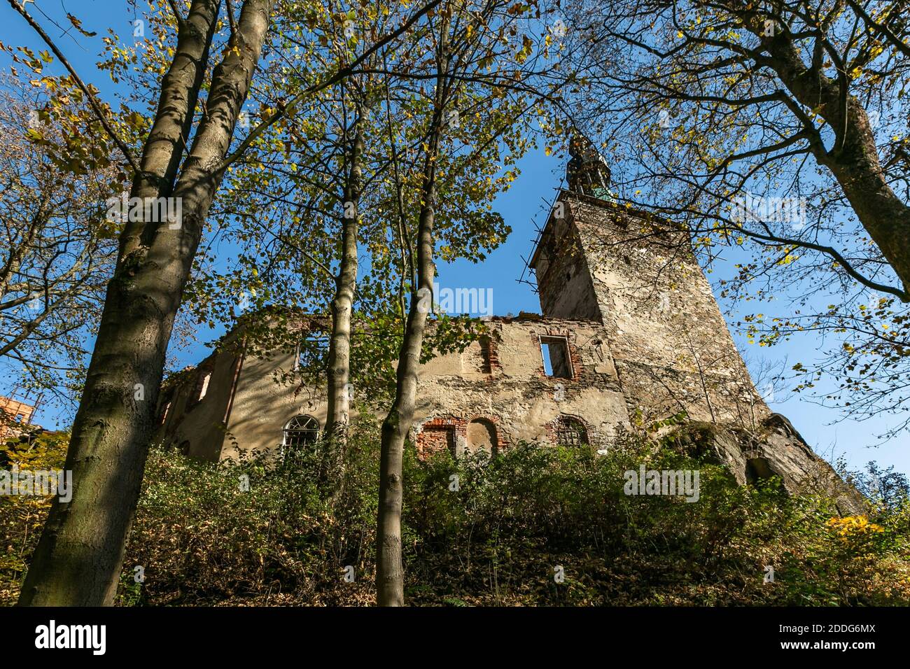 Hartenberg, Czech Republic - October 14 2018: View of the ruined gothic castle standing on a rocky hill surrounded by trees. Bright sunny autumn day. Stock Photo