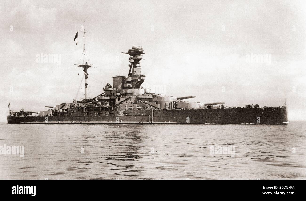 The name-ship of her class, HMS Royal Sovereign.  The armament in these ships was placed as in the original Queen Elizabeth, only the secondary battery was further aft.  The armour was differently distributed and internal protection was stronger.  From British Warships, published 1940. Stock Photo