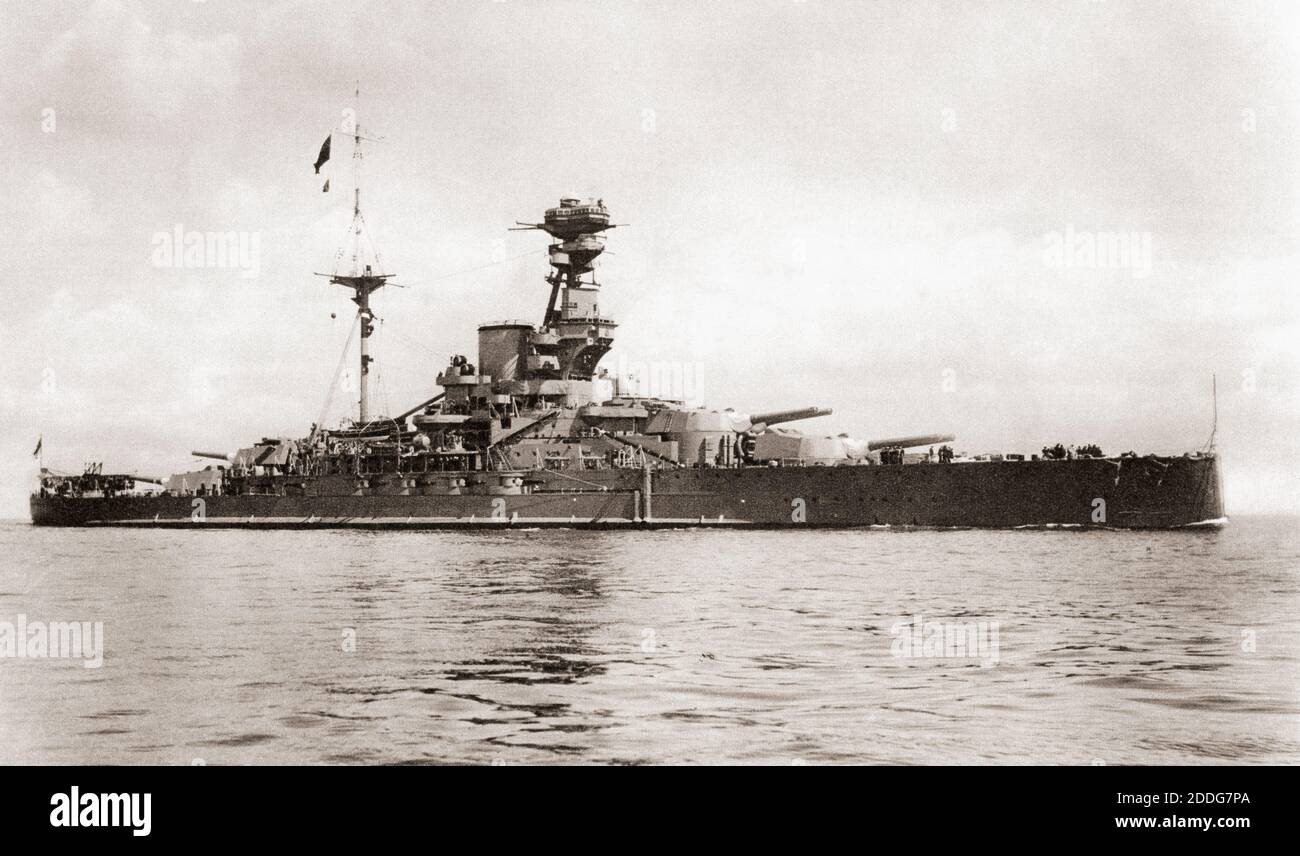 The name-ship of her class, HMS Royal Sovereign.  The armament in these ships was placed as in the original Queen Elizabeth, only the secondary battery was further aft.  The armour was differently distrributed and internal protection was stronger.  From British Warships, published 1940. Stock Photo
