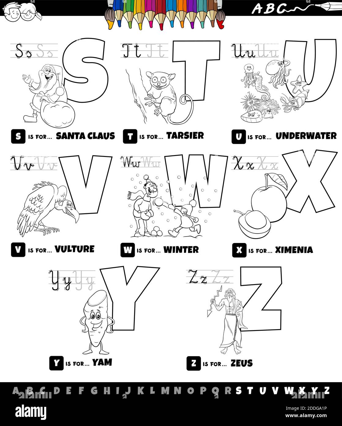 Black and white cartoon illustration of capital letters alphabet educational set for reading and writing practice for elementary age children from S t Stock Vector