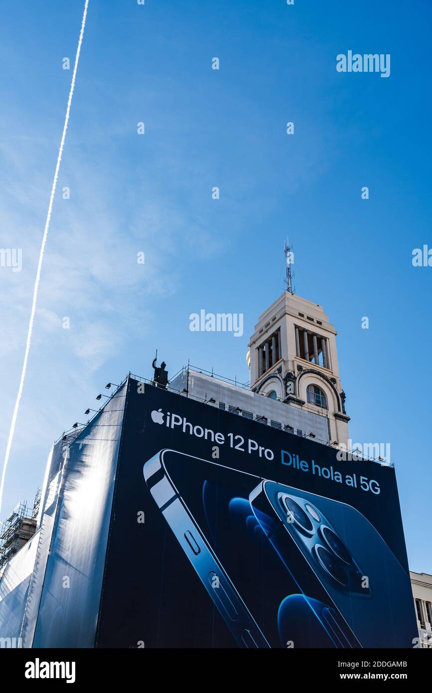 Madrid, Spain - November 22, 2020: Iphone 12 Pro banner on the facade of Circulo de Bellas Artes building in Madrid Stock Photo