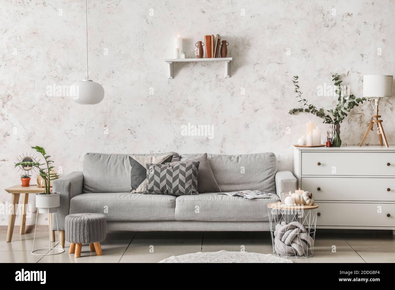 Stylish interior of living room with grey sofa Stock Photo - Alamy