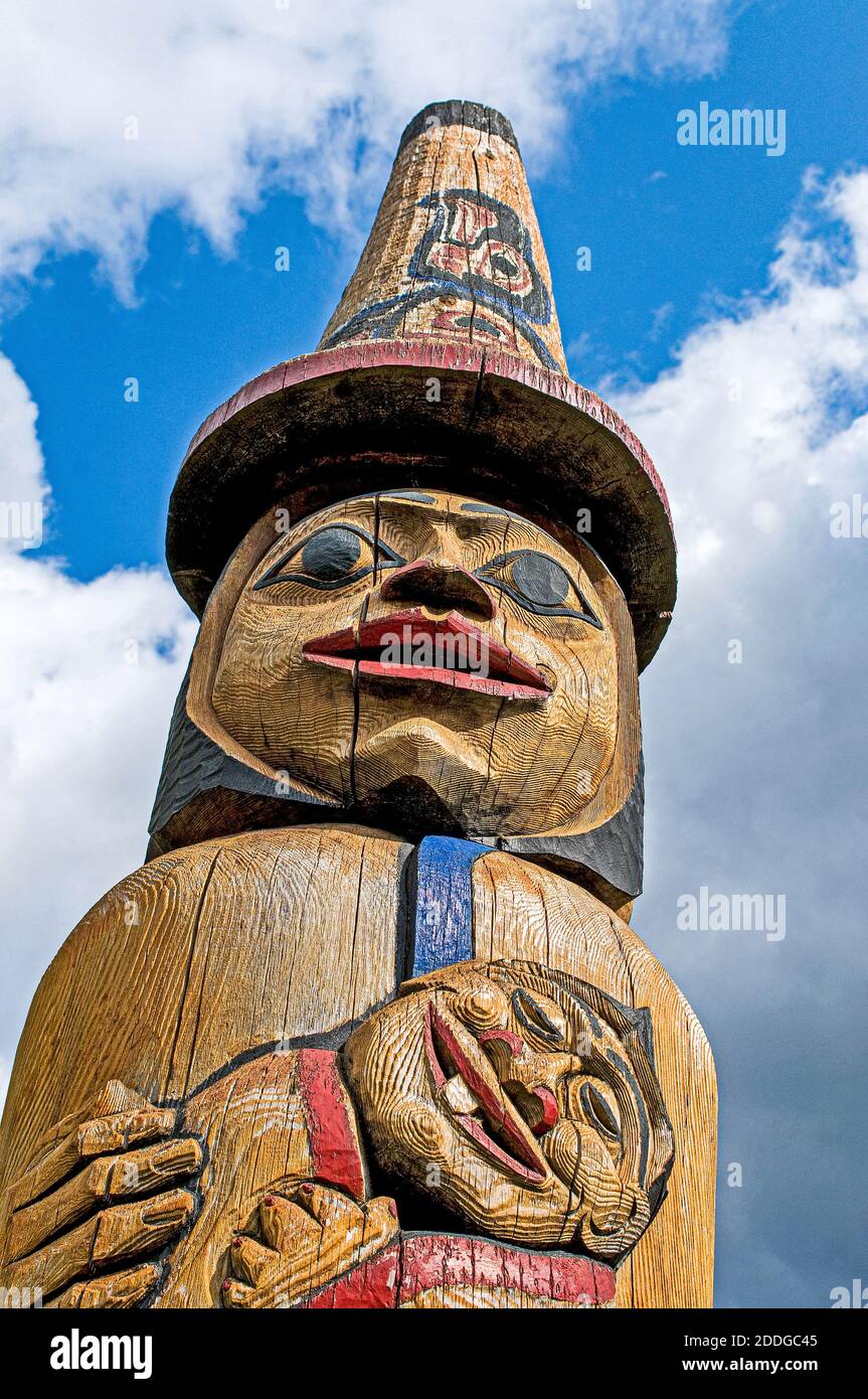 Canadian First Nation Carved totem pole on Vancouver Island British Columbia Canada.Purpose Stock Photo