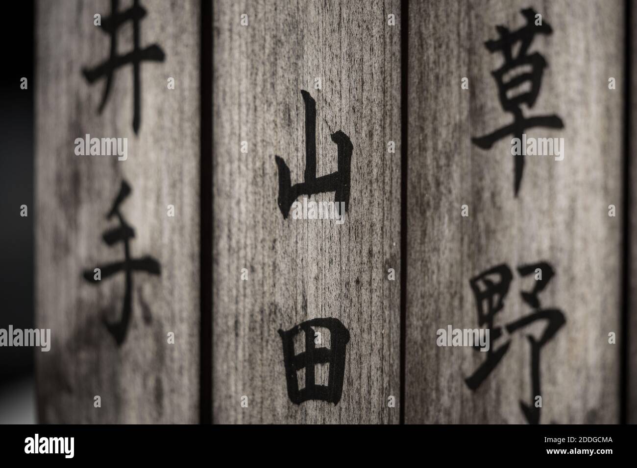 Close up of wooden boards at a Japanese shrine listing the names of those who have sponsored the ...