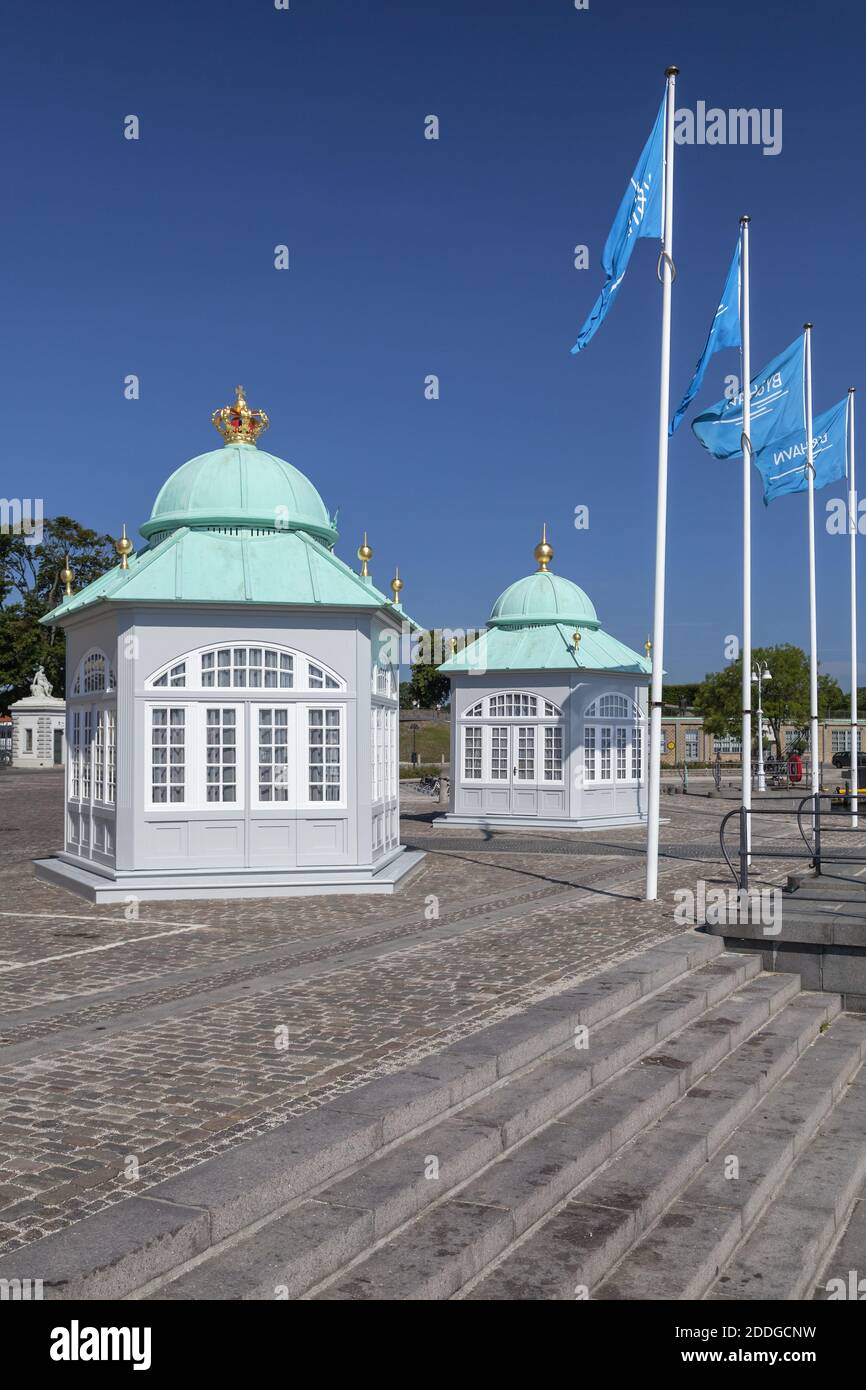 geography / travel, Denmark, Copenhagen, pavilions in front of the restaurant Toldboden in the harbour, Additional-Rights-Clearance-Info-Not-Available Stock Photo