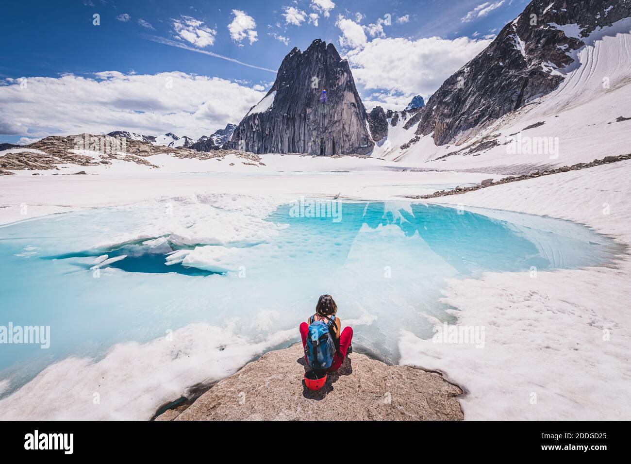 Climber looking at the view, Bugaboo Provincial Park, British Columbia, Canada Stock Photo