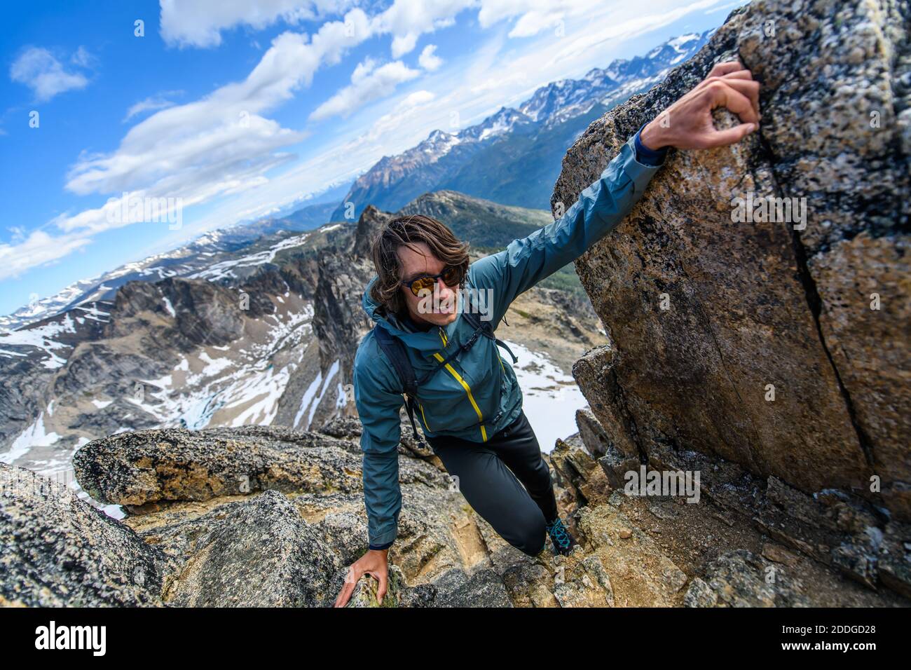 Climber on rocks, Bugaboo Provincial Park, British Columbia, Canada Stock Photo