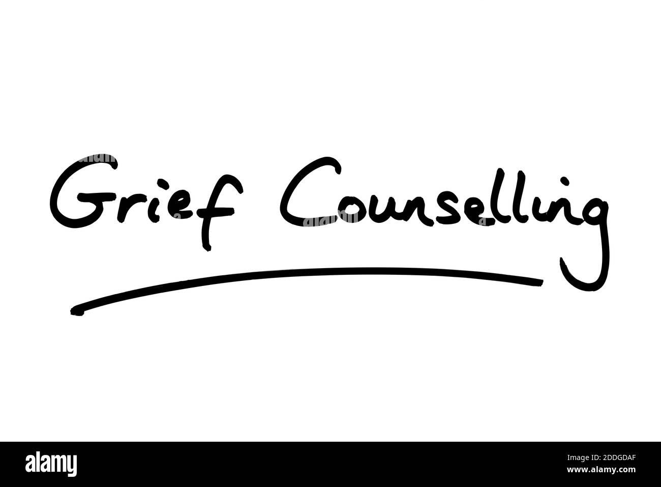 Grief Counselling handwritten on a white background. Stock Photo