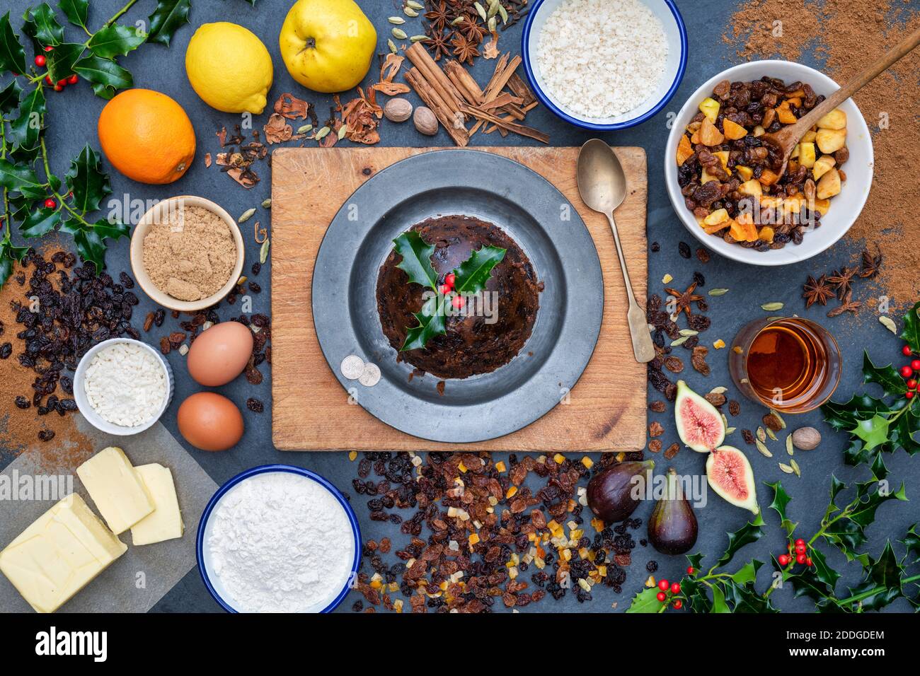 Christmas Pudding with Ingredients Stock Photo