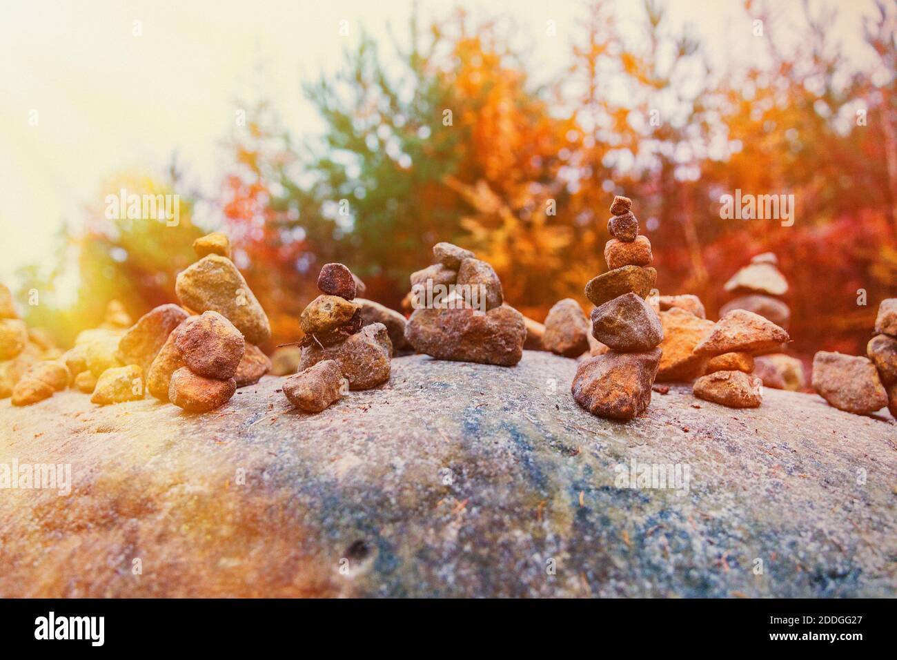 Rock men in Prachovské skaly in the colors of autumn bathed in sunshine. Autumn view of Prachov Rocks - Czech Paradise. Czech republic Stock Photo