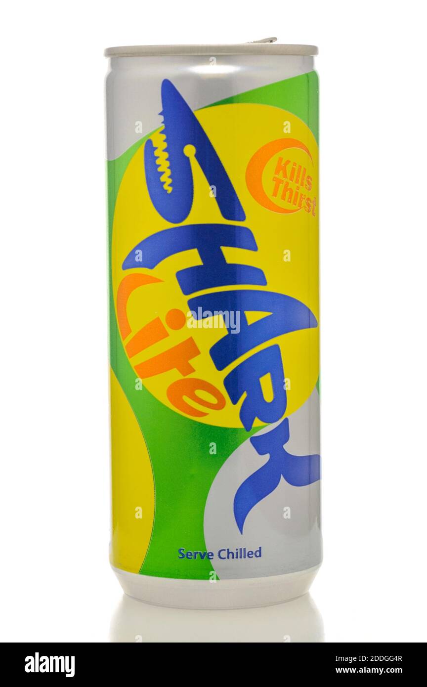 Can of Shark Energy Drink on a White Background, Shark Energy is made in  Thailand Stock Photo - Alamy