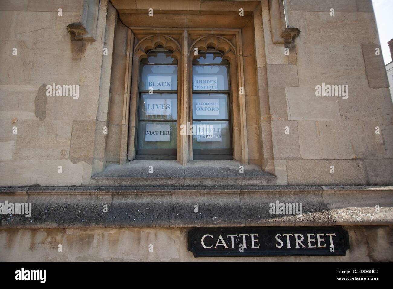 A Black Lives Matter sign mentioning Rhodes must fall on Catte Street in Oxford in the UK, taken on the 15th of September 2020 Stock Photo