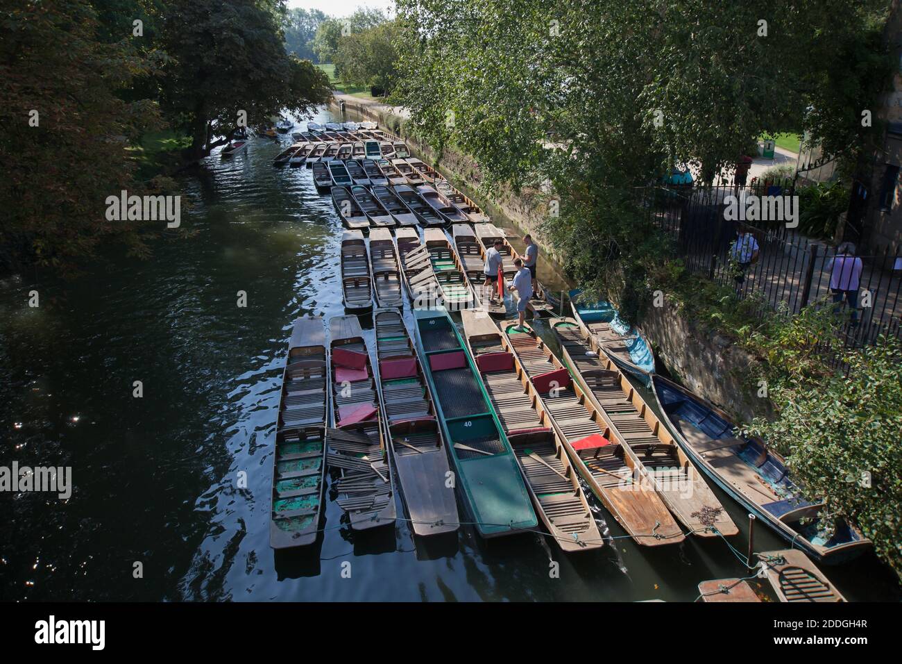 Rows of empty punts in Oxford on the River Cherwell in the United Kingdom taken on the 15th of September 2020 Stock Photo
