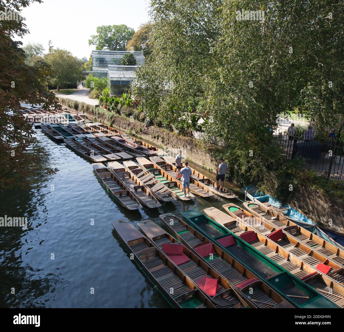 Empty punts on the River Cherwell beside Magdalen Bridge in Oxford in the UK, taken on the 15th of September 2020 Stock Photo