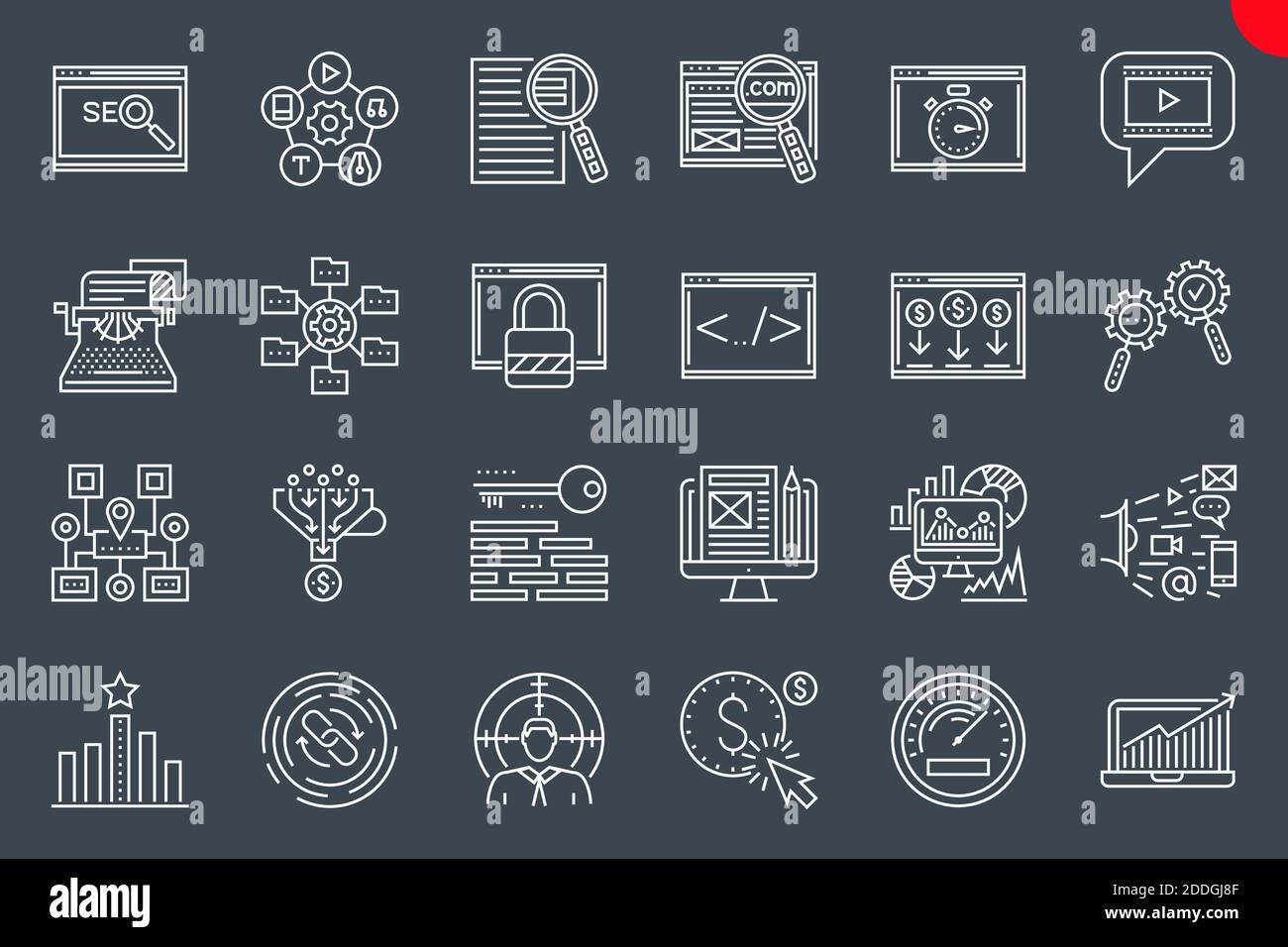 Seo Thin Line Related Icons Set on Black Background. Stock Vector